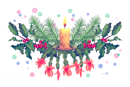 Christmas Watercolor Garland. Holiday composition of the Christmas ornaments on white backgroundの写真素材