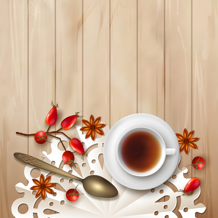 Tea time vector background on wood. Cup of tea, Rosehip berries, teaspoon and star anise on rustic tableのイラスト素材