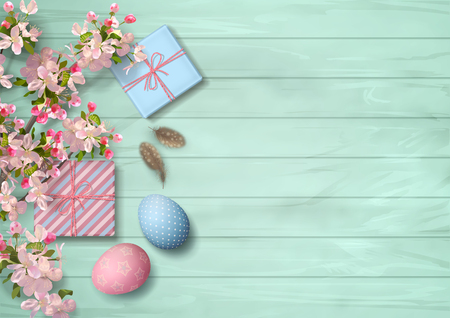 Easter wooden background with gifts, eggs, blossoming tree branches, feathers. Vector top view illustrationのイラスト素材