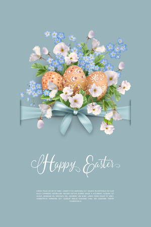 Happy Easter Card. Vector holiday poster template with spring flowers, bow and eggsのイラスト素材