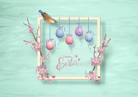Easter decorative frame with the blooming spring branches, hanging painted eggs and birdのイラスト素材