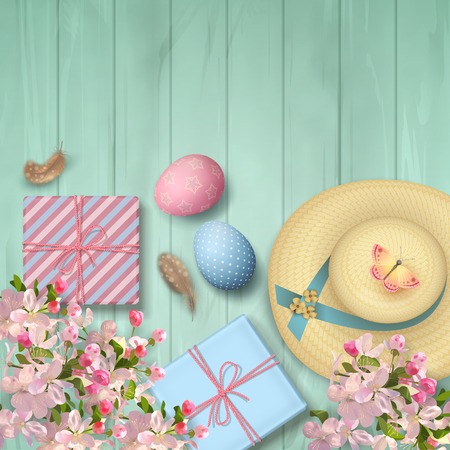 Easter top view background with straw hat, gifts, blossoming tree branches, feathers and painted eggsのイラスト素材