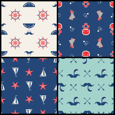 Set of vector hipster seamless patterns with marine symbolsのイラスト素材
