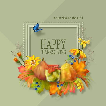 Thanksgiving invitation card. Flyer template with lettering and a frame. Fall vector composition. Artistic creative autumn card.のイラスト素材