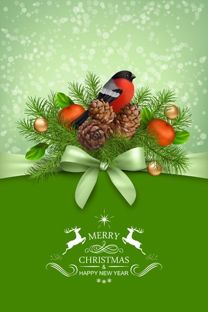 Vector Christmas and New Year greeting card. Tree branches garland with Xmas decoration, bow, calligraphic text on abstract holiday backdropのイラスト素材