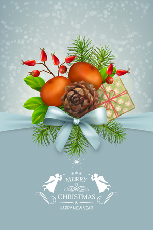 Vector Christmas and New Year greeting card. Tree branches garland with Xmas decoration, bow, calligraphic text on abstract holiday backdropのイラスト素材