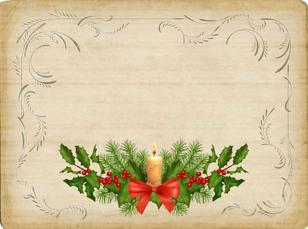 Vintage vector card with holiday composition of the Christmas decorations and retro border frameのイラスト素材