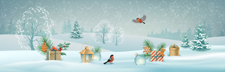 Vector Christmas winter landscape with gifts, snow covered hills, bird bullfinchのイラスト素材