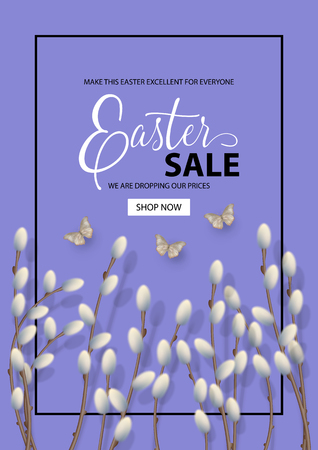 Happy Easter sale promo poster. Holiday background with pussy willow branches and butterfly. Vector top view illustrationのイラスト素材