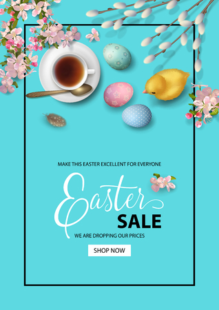 Happy Easter sale promo poster. Holiday background with a cup of tea, chicken, eggs, pussy willow branches, Apple blossoms, feathers. Vector top view illustrationのイラスト素材