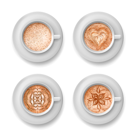 Vector coffee art. A cup of cappuccino with different patterns. Top view on a Cup of coffeeのイラスト素材