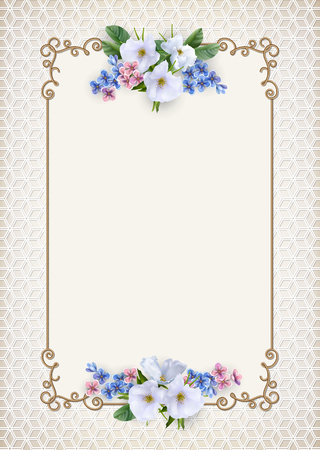 Vintage gold frame. Decorative retro border and flowers. Luxury wedding backgroundのイラスト素材