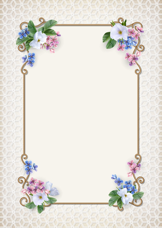 Vintage gold frame. Decorative retro border and flowers. Luxury wedding background.のイラスト素材