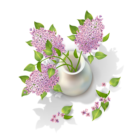 Vector top view bouquet of lilac in a vase on white backgroundのイラスト素材