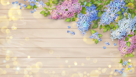 Lilac on wooden background. Spring top view composition with blossoming tree branchesのイラスト素材