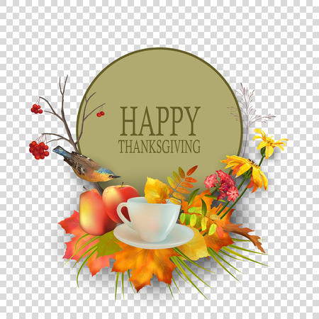 Thanksgiving invitation card. Flyer template with lettering and a frame. Fall vector composition. Artistic creative autumn card.のイラスト素材