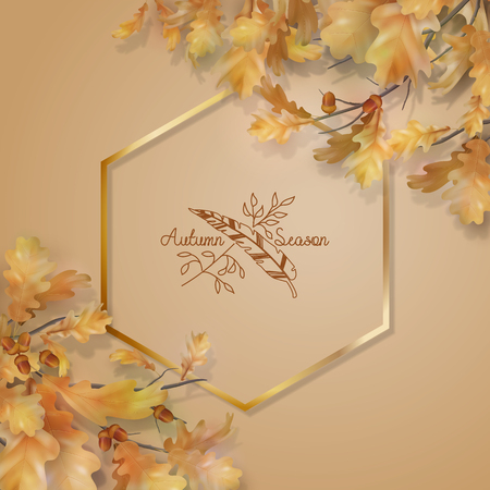 Oak branch with leaves and acorns on white background. Vector autumn illustrationのイラスト素材