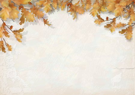 Oak branch with leaves and acorns on decorative plaster wall. Vector autumn illustrationのイラスト素材