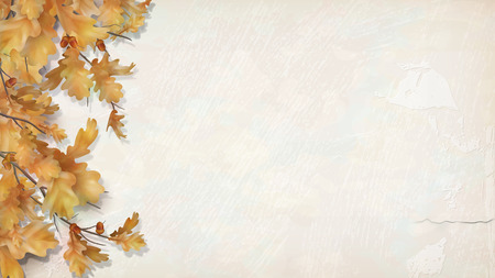 Oak branch with leaves and acorns on decorative plaster wall. Vector autumn illustrationのイラスト素材
