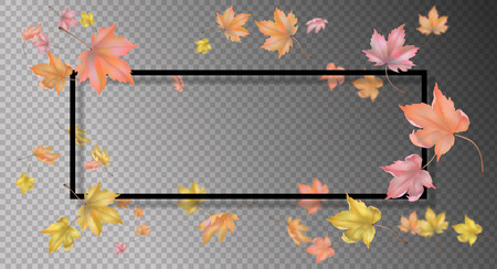 Abstract frame with flying autumn leaves. Vector background with blurred transparent elementsのイラスト素材