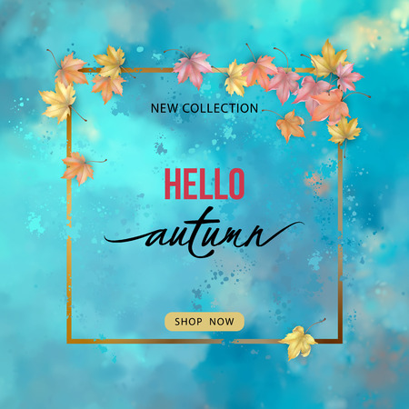 Autumn banner template with flying maple leaves, lettering and a frame on a blue watercolor backgroundのイラスト素材