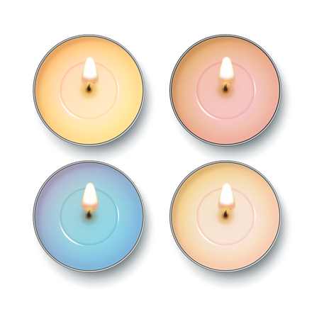 Candle top view. Vector set of realistic burning candles isolated on white background.のイラスト素材