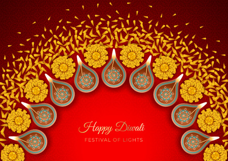Traditional Diwali festival background with burning diya lamps and flowersのイラスト素材