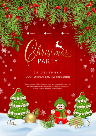 Christmas party poster with typography lettering, fir tree branches and handmade textile decoration on wooden backgroundのイラスト素材