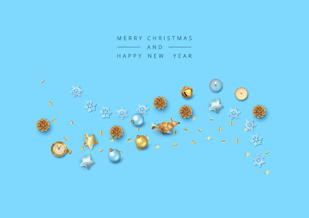 Merry Christmas and New Year Greeting Card. Christmas composition with festive decorationsのイラスト素材