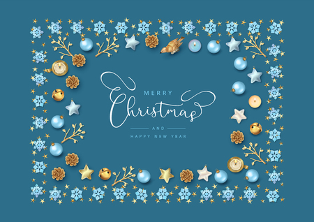 Merry Christmas and New Year Greeting Card. Christmas composition with festive decorationsのイラスト素材