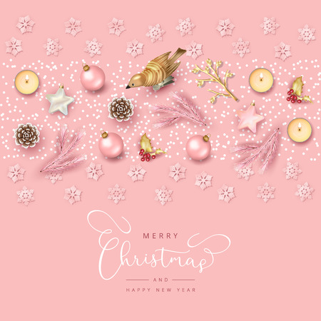Merry Christmas and Happy new year top view background. Christmas greeting illustration with festive decoration. Minimalistic designのイラスト素材