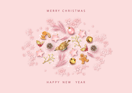 Merry Christmas and Happy new year top view background. Christmas greeting illustration with festive decoration. Minimalistic designのイラスト素材