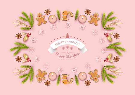 Merry Christmas and Happy new year top view background. Christmas greeting illustration with festive decorationのイラスト素材