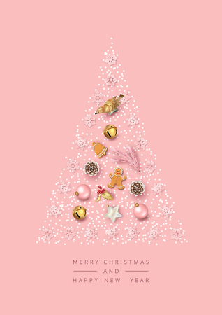Merry Christmas and Happy new year top view background. Christmas greeting illustration with festive decoration. Minimalistic designのイラスト素材