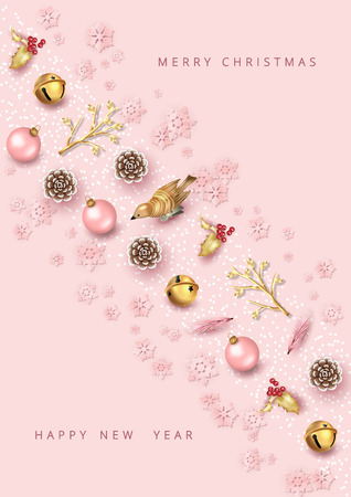 Merry Christmas and Happy new year top view background. Christmas greeting illustration with festive decoration. Minimalistic designのイラスト素材