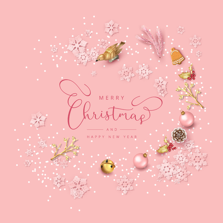 Merry Christmas and Happy new year top view background. Christmas greeting illustration with festive decoration. Minimalistic designのイラスト素材