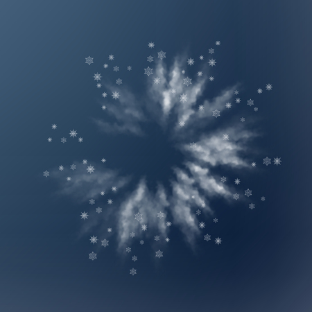 Vector snow explosion. Abstract design of white transparent cloud and snowflakes. Blast of white powderのイラスト素材