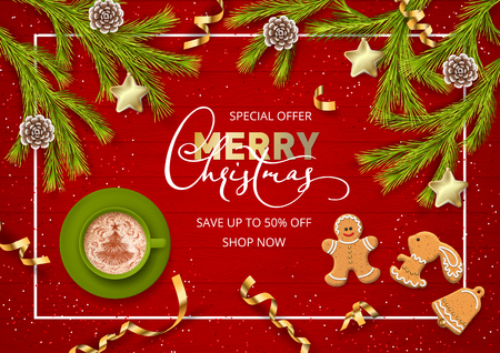 Merry Christmas and Happy new year sale banner. Christmas wooden background with festive decorationsのイラスト素材