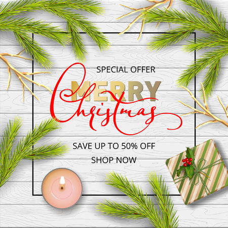 Merry Christmas and Happy new year sale banner. Christmas wooden background with festive decorationsのイラスト素材