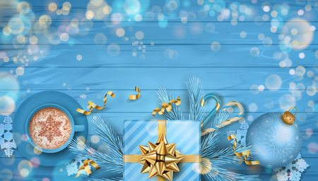 Christmas vector festive top view background with fir twigs, Christmas gold ornaments and gifts on blue wooden tableのイラスト素材