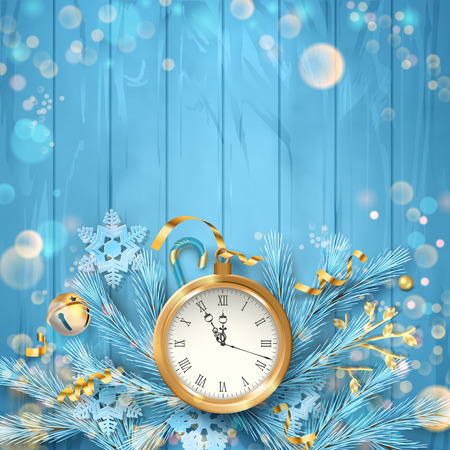 Christmas vector festive top view background with fir twigs, Christmas gold ornaments on blue wooden tableのイラスト素材