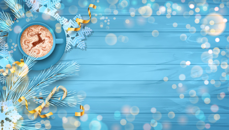 Christmas vector festive top view background with fir twigs, Christmas gold ornaments on blue wooden tableのイラスト素材