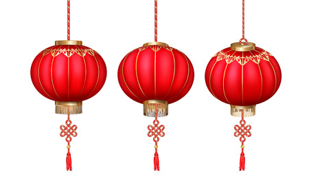 Vector set of hanging Chinese paper lanterns for Happy New Year on white backgroundのイラスト素材