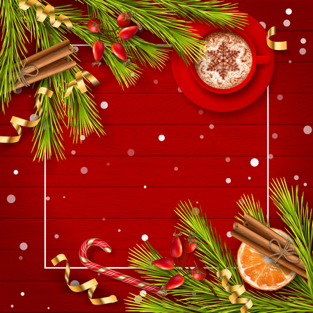 Christmas vector top view background with spruce branches, Christmas gold ornament, cup of coffee and decorations on red wooden tableのイラスト素材