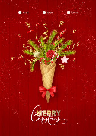 Merry Christmas and Happy New Year composition in a waffle cone of coniferous branches. Festive Christmas tree decorations on wooden red background. Christmas party posterのイラスト素材