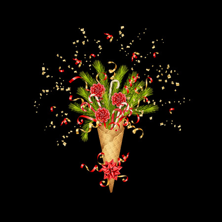 Christmas composition in a waffle cone of coniferous branches and decorations on black backgroundのイラスト素材