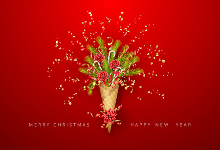 Merry Christmas and Happy New Year bouquet in a waffle cone of coniferous branches. Festive Christmas tree decorations and flying streamer on red backgroundのイラスト素材