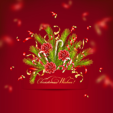 Merry Christmas and Happy New Year bouquet of coniferous branches with paper banner and flying streamer. Festive Christmas tree decorationsのイラスト素材