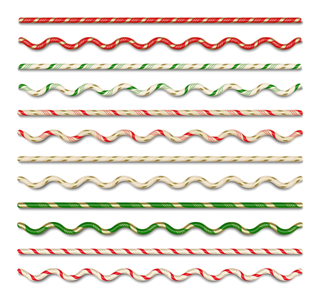 Set of golden ropes, isolated on white background. Christmas candy borders. Vector illustrationのイラスト素材