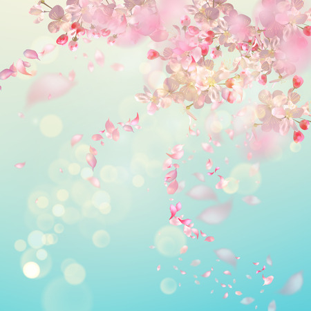Flying petals on a blue background. Flowers and petals in the wind. Vector background with spring plum or cherry blossomのイラスト素材